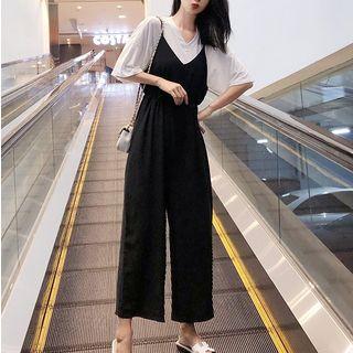 Set: Plain Short-sleeve T-shirt + Drawstring Sleeveless Playsuit