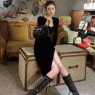 Long-sleeve Rhinestone Slit Sheath Dress
