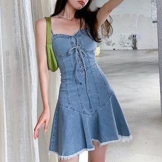 Spaghetti Strap Lace-up Denim A-line Dress