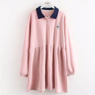 Rabbit Embroidered Polo Neck Long-sleeve A-line Dress