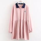 Rabbit Embroidered Polo Neck Long-sleeve A-line Dress
