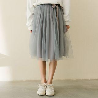 Sheer Panel Midi A-line Skirt