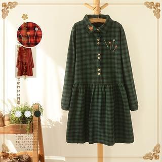 Embroidered Plaid Shirtdress