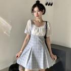 Mock Two-piece Short-sleeve Lace Hem Plaid Mini Dress / Midi Dress