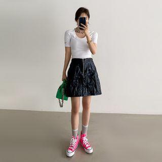 Zip-front Crinkled Mini Skirt