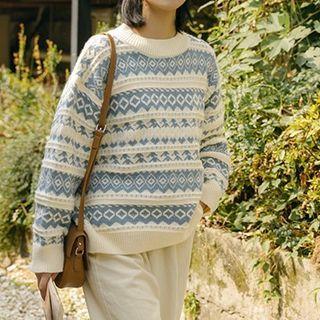 Round Neck Print Loose Fit Sweater