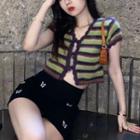 Short-sleeve Striped Cropped Sweater / Butterfly Print Skirt