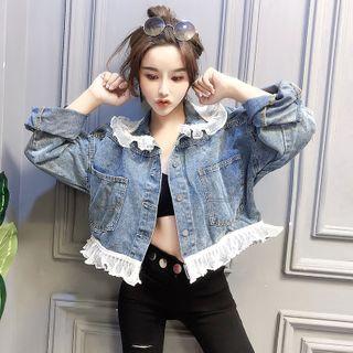 Ruffle Washed Cropped Denim Jacket Blue - One Size