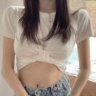 Short-sleeve Knotted Cropped T-shirt Black - One Size