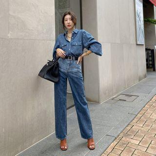 Flap-pocket Shirt & Straight-cut Jeans Denim Set