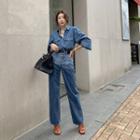 Flap-pocket Shirt & Straight-cut Jeans Denim Set