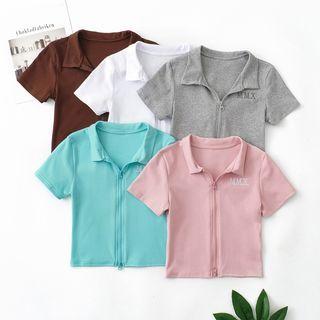 Short-sleeve Collar Letter Embroidered Zip-up Top