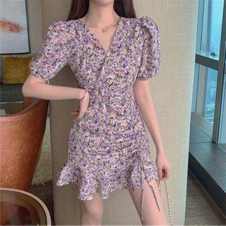 Balloon-sleeve Floral Print Drawstring Mini A-line Dress
