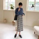 Band-waist H-line Plaid Skirt Navy Blue - One Size