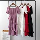 Puff-sleeve Tiered Frill Trim A-line Dress