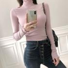 Turtle-neck Frill-trim Slim-fit Top