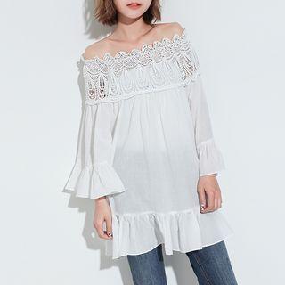 Off-shoulder Lace Panel Bell-sleeve Dress