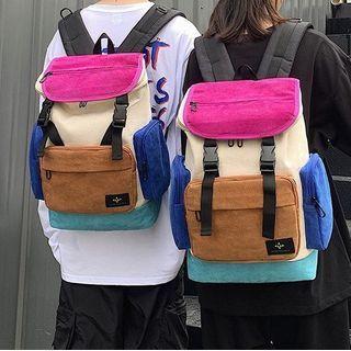 Color Panel Canvas Backpack Pink & White & Brown - One Size