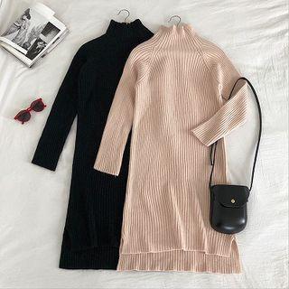 Plain Mock-neck Rib Knit Long-sleeve Dress