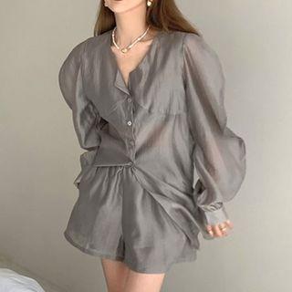 Long-sleeve Button-up Blouse / Shorts