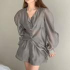 Long-sleeve Button-up Blouse / Shorts