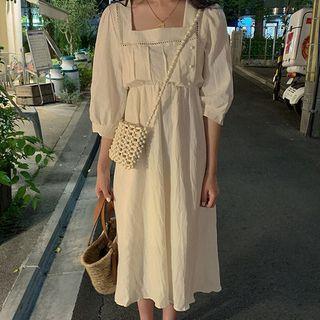 Square-neck Elbow-sleeve Midi A-line Dress Almond White - One Size