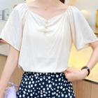 Short-sleeve Faux Pearl Chiffon Blouse