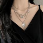 Alloy Disc Pendant Layered Necklace 01 - Silver - One Size