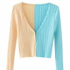 Long Sleeve Color-block V-neck Ribbed-knit Sweater