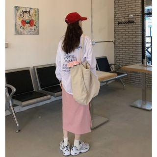 Long-sleeve Graphic Print T-shirt / Slit-hem Midi A-line Skirt