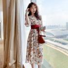 3/4-sleeve Floral-print Tie-waist Midi A-line Dress