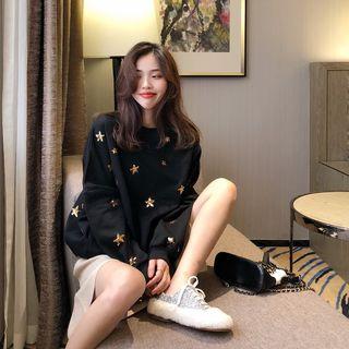Star Pattern Long-sleeve Loose-fit Pullover Black - One Size