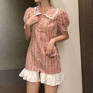 Plaid Ruffle-trim A-line Dress Red - One Size