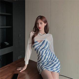 Long-sleeve Sheer Shrug / Spaghetti Strap Striped Lettering Mini Bodycon Dress