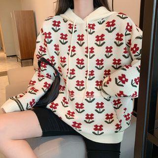 Flower Jacquard Hooded Sweater As Shown In Figure - One Size