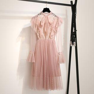 Set: Long-sleeve Lace Panel Midi A-line Dress + Slipdress