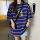 Elbow-sleeve Striped Lettering Print T-shirt Blue - One Size