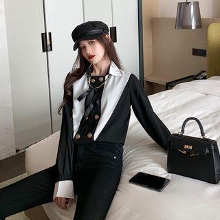 Two-tone Double-breasted Chiffon Blouse Black - One Size