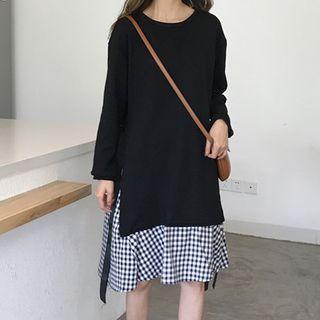 Mock Two-piece Plaid Panel Long-sleeve Dress Black - One Size