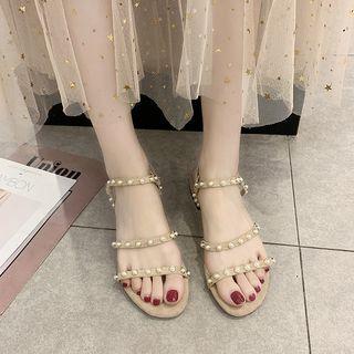 Faux Pearl Block Heel Strappy Sandals