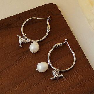 Bird Beaded Hoop Earring 1 Pair - 1877 - White Faux Pearl - Silver - One Size