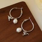Bird Beaded Hoop Earring 1 Pair - 1877 - White Faux Pearl - Silver - One Size
