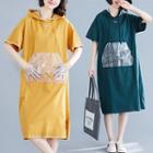 Elbow-sleeve Letter Midi Hoodie Dress