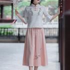 Set: Elbow-sleeve Hanfu Top + Midi A-line Skirt