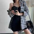 Long-sleeve Plaid Shirt / Plain Pinafore Dress