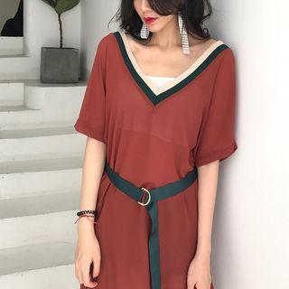 Color-block Striped V-neck Loose-fit Chiffon Dress