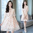 Short-sleeve Tie-neck Print Midi A-line Dress