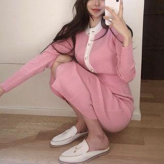 Set: Two Tone Cardigan + Midi Fitted Knit Skirt