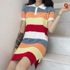 Color-block Striped Short-sleeve Knit Dress As Shown In Figure - One Size