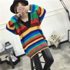 V-neck Long Sleeves Color Block Sweater